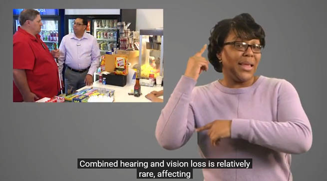 A woman is signing in ASL. In the background is an image of an SSP with a Deafblind man at a convenience store.