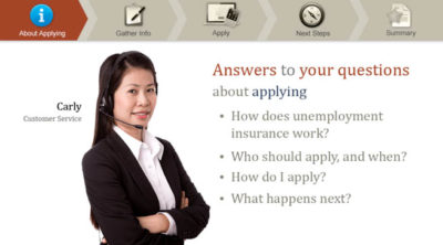 A woman named Carly saying Answerd to yourquestions about applying for unemployment insurance