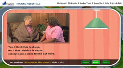 Image of the elearning interface with a photo of an elderly woman and a caregiver with a multiple choice question about abuse