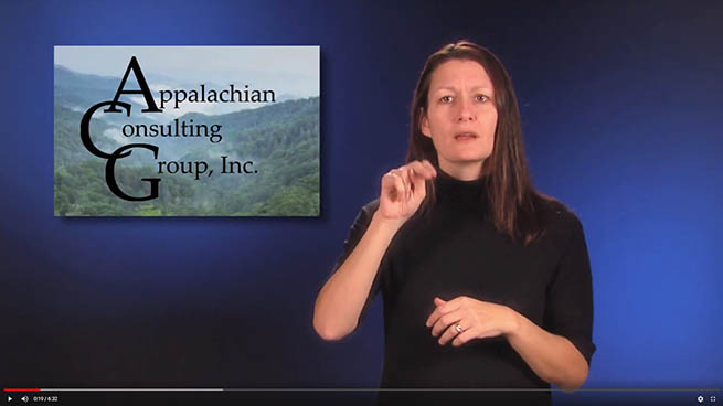 Photo of a woman signing in ASL next to an image of the Appalachian Consulting Group logo